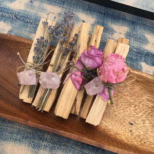 Palo santo + rough rose quartz