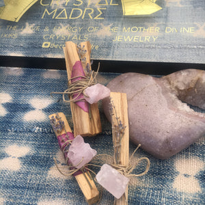 Palo santo + rough rose quartz