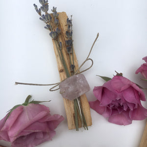 Palo santo + rough rose quartz