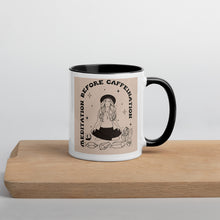 Load image into Gallery viewer, Tan and black Mug Meditation before caffeination