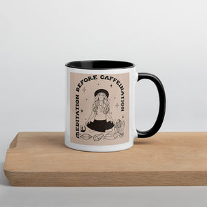 Tan and black Mug Meditation before caffeination
