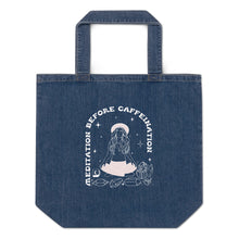 Load image into Gallery viewer, Meditation Before Caffeination denim tote bag