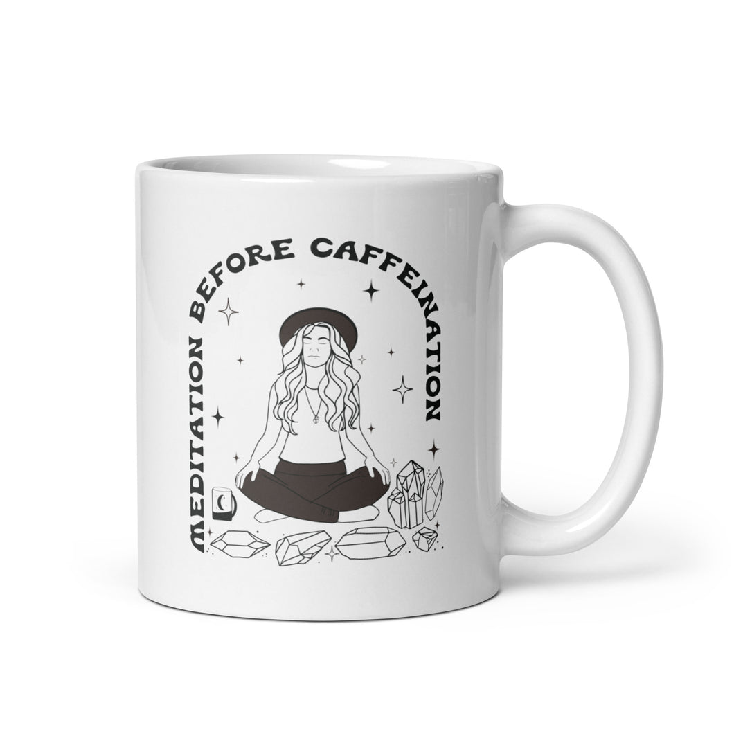 White glossy mug Meditation before Caffeination