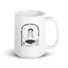 Load image into Gallery viewer, White glossy mug Meditation before Caffeination